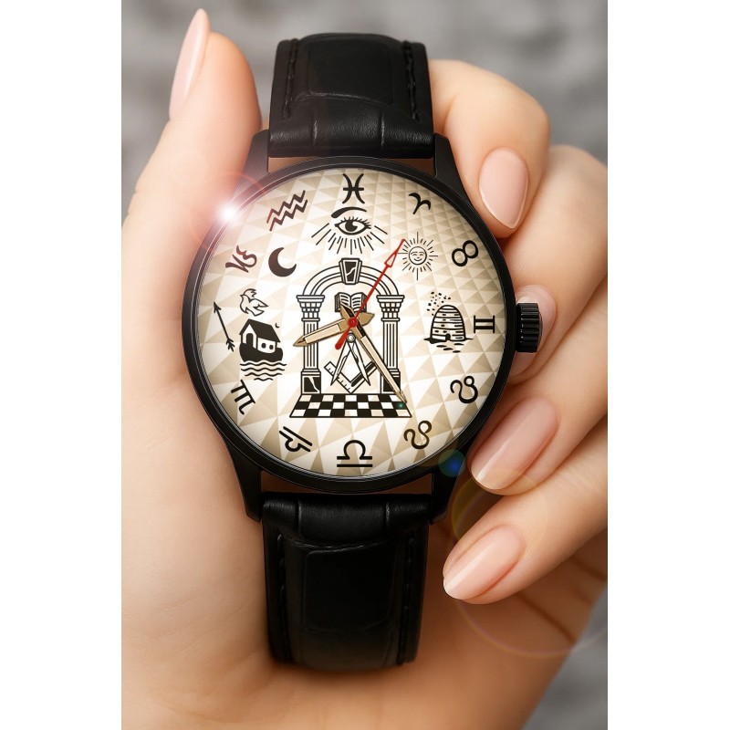 Symbolic Freemasonry Minimalist Collage Art Solid Brass Titane Watch from Qronozome™